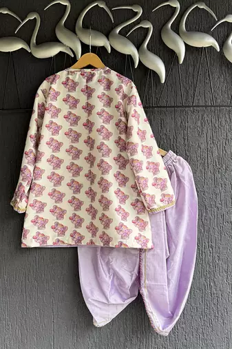 White printed cotton silk Boy's Kurta Pyjama
