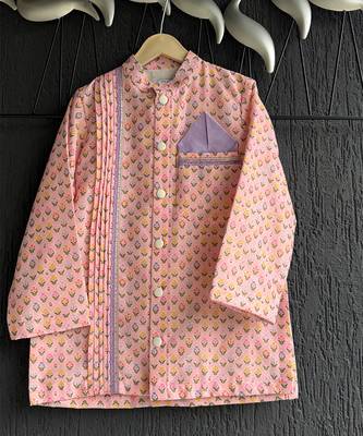 Pink printed cotton silk Boy's Kurta Pyjama 3