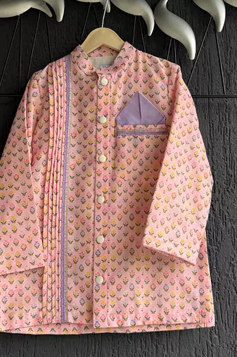 Pink printed cotton silk Boy's Kurta Pyjama