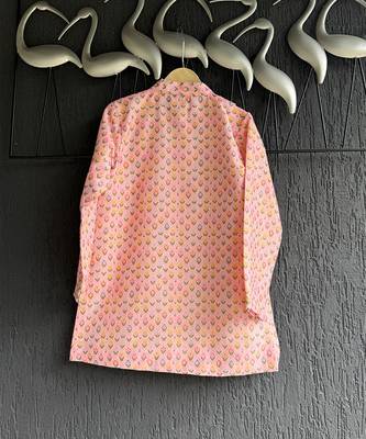Pink printed cotton silk Boy's Kurta Pyjama 5
