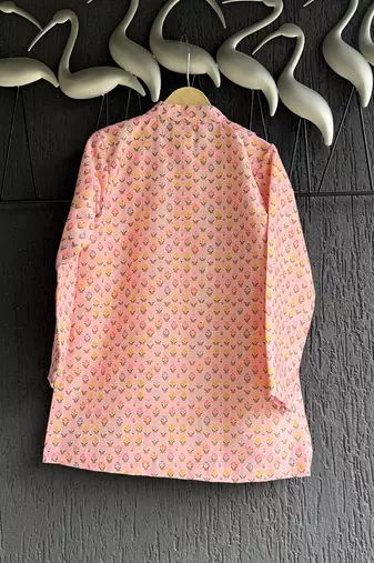 Pink printed cotton silk Boy's Kurta Pyjama