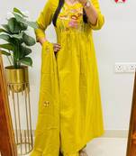 Yellow floral embroidered v neck pure cotton kurta trouser dupatta set
