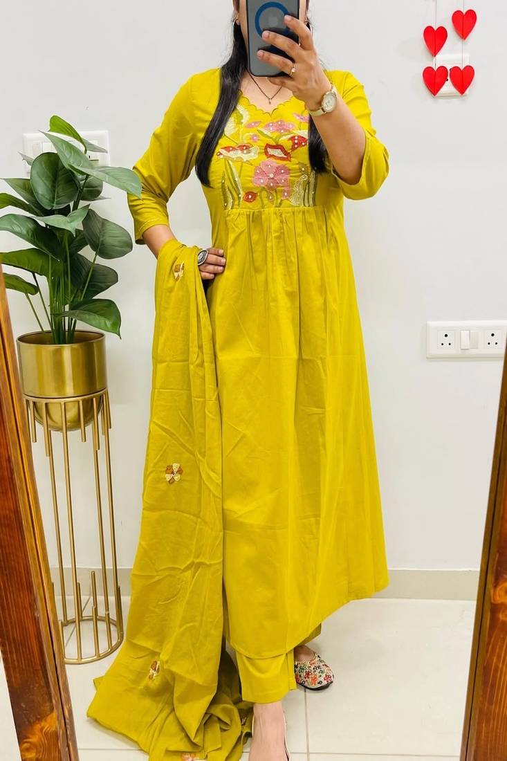 Yellow floral embroidered v neck pure cotton kurta trouser dupatta set