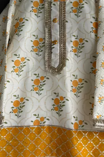 White printed cotton silk kurta pyjama