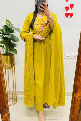 yellow floral embroidered cotton kurta trouser dupatta set 2