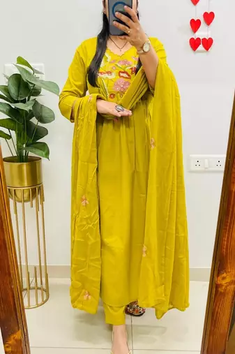 yellow floral embroidered cotton kurta trouser dupatta set