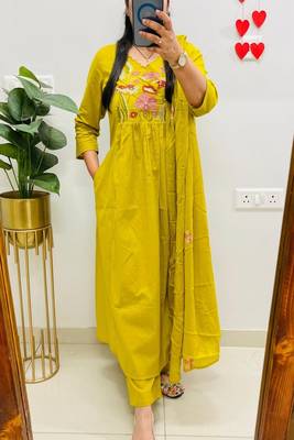 yellow floral embroidered cotton kurta trouser dupatta set 3