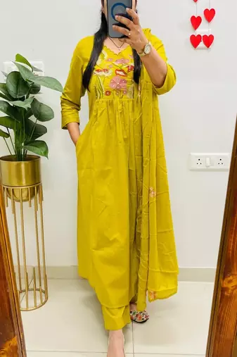 yellow floral embroidered cotton kurta trouser dupatta set