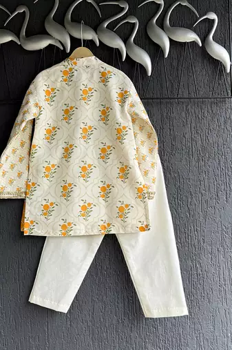 White printed cotton silk kurta pyjama