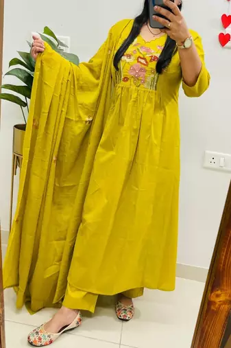 yellow floral embroidered cotton kurta trouser dupatta set
