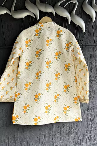 White printed cotton silk kurta pyjama