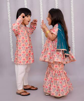 Peach printed cotton silk Boy's Kurta Pyjama 2