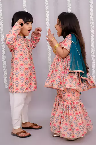 Peach printed cotton silk Boy's Kurta Pyjama
