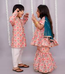 Peach printed cotton silk kurta pyjama