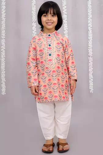 Peach printed cotton silk kurta pyjama