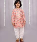 Peach printed cotton silk kurta pyjama