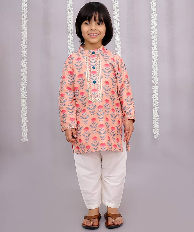 Peach printed cotton silk kurta pyjama
