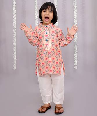 Peach printed cotton silk Boy's Kurta Pyjama 3