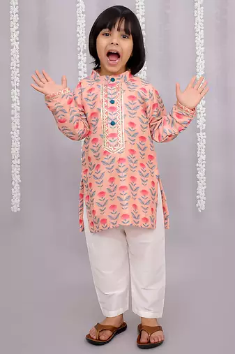 Peach printed cotton silk Boy's Kurta Pyjama