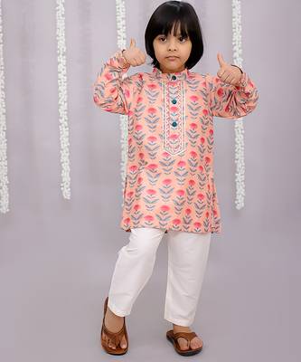 Peach printed cotton silk Boy's Kurta Pyjama 4