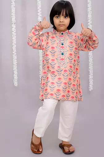 Peach printed cotton silk Boy's Kurta Pyjama