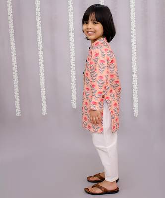 Peach printed cotton silk Boy's Kurta Pyjama 5