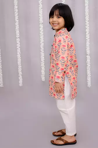 Peach printed cotton silk Boy's Kurta Pyjama