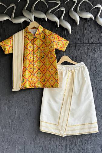 Yellow printed cotton silk shirt and Lungi