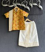 Yellow printed cotton silk shirt and Lungi