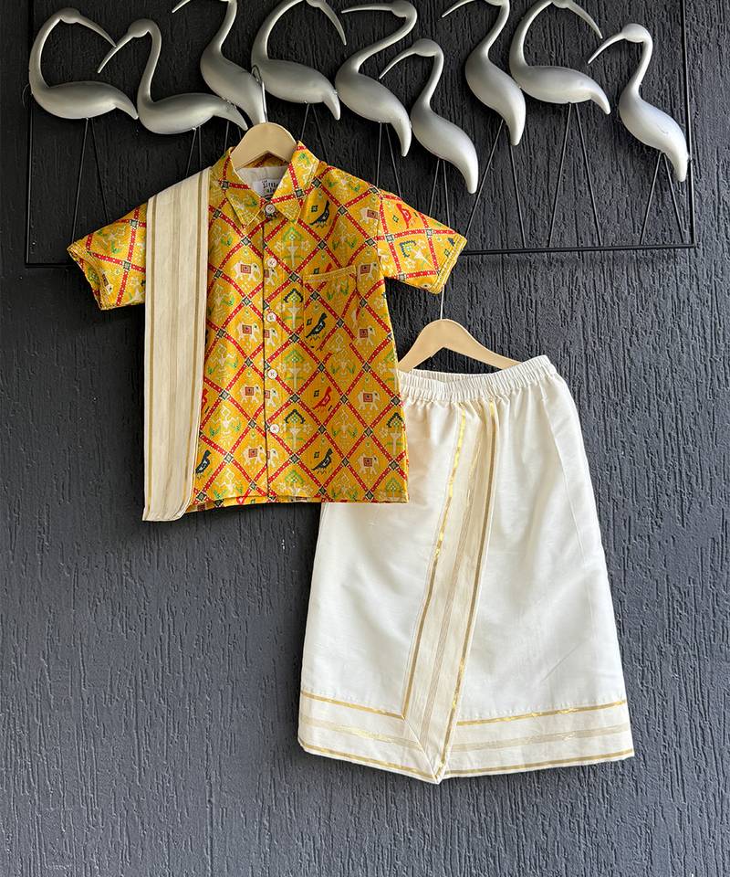 Yellow printed cotton silk shirt and Lungi