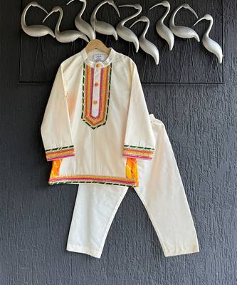 White embroidered cotton silk Boy's Kurta Pyjama 1