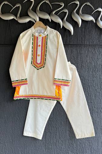 White embroidered cotton silk kurta pyjama