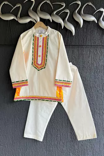 White embroidered cotton silk kurta pyjama