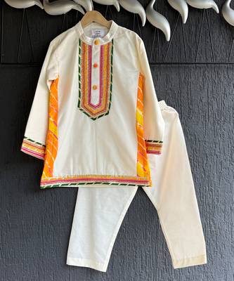 White embroidered cotton silk Boy's Kurta Pyjama 2