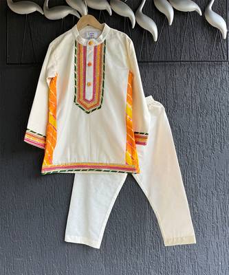 White embroidered cotton silk Boy's Kurta Pyjama 3