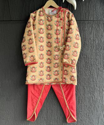 Beige printed cotton silk Boy's Kurta Pyjama 1