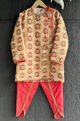 Beige printed cotton silk kurta pyjama