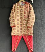 Beige printed cotton silk kurta pyjama