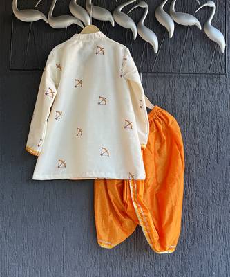 White printed cotton silk Boy's Kurta Pyjama 5