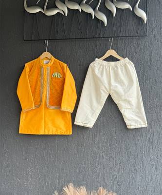 Yellow embroidered cotton silk Boy's Kurta Pyjama 1