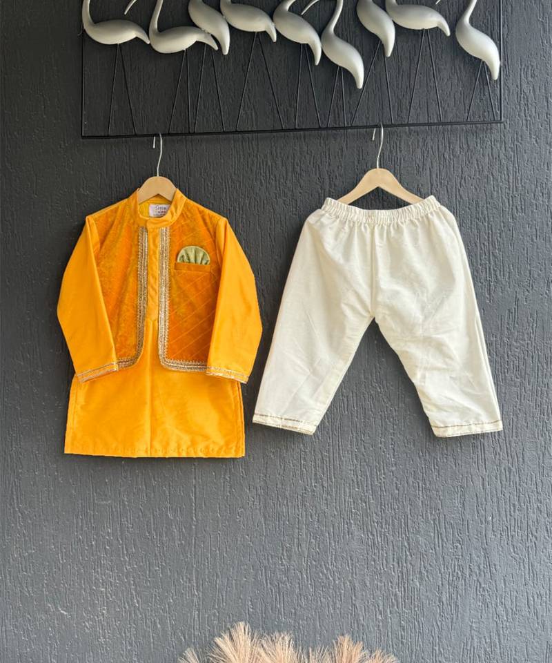 Yellow embroidered cotton silk kurta pyjama