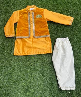 Yellow embroidered cotton silk Boy's Kurta Pyjama 2