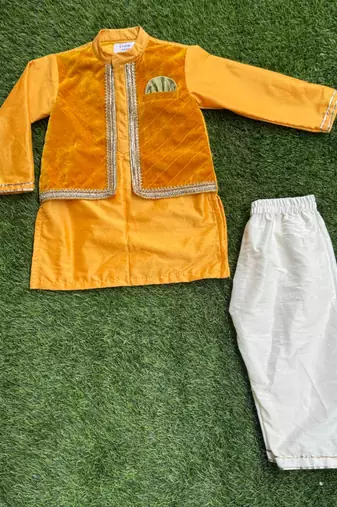 Yellow embroidered cotton silk kurta pyjama