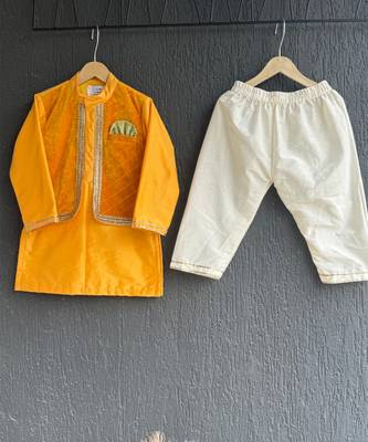 Yellow embroidered cotton silk Boy's Kurta Pyjama 3
