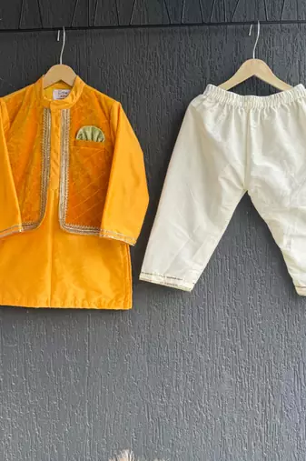 Yellow embroidered cotton silk kurta pyjama