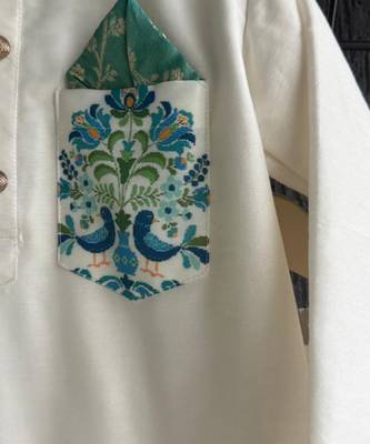White printed cotton silk Boy's Kurta Pyjama 2