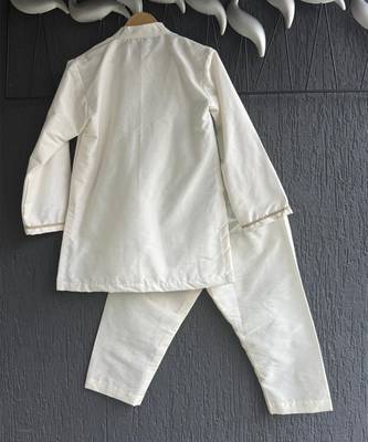 White printed cotton silk Boy's Kurta Pyjama 3