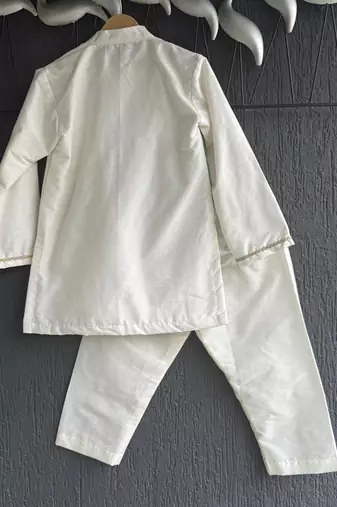 White printed cotton silk kurta pyjama