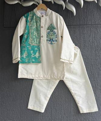 White printed cotton silk Boy's Kurta Pyjama 5