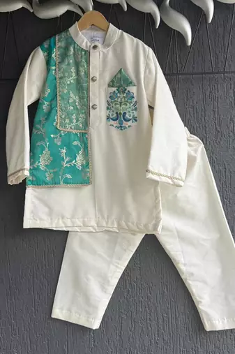 White printed cotton silk kurta pyjama